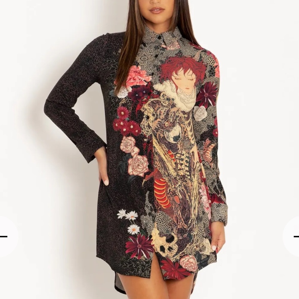 BLACKMILK XL SAMPLE SPIRIT OF A DRAGON LONG SLEEVE BUSINESS TIME SHIRT DRESS